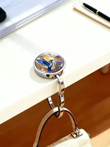 Stained Glass Blue Hummingbird Purse Hook, Foldable Metal Table Bag Hanger, Portable Handbag Holder for Desk, Anti-Slip Bag Hook for Women, Bag Accessory