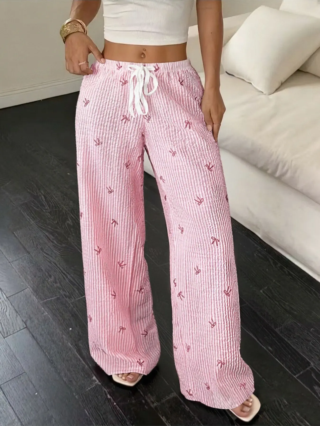 Women's Pink Striped Bow-Embroidered Wide-Leg Pants, Casual Loungewear with Drawstring, Adjustable Waist for Girly Style Fans, Comfort Seekers - Perfect for Home Lounging, Casual Outings & Gifting