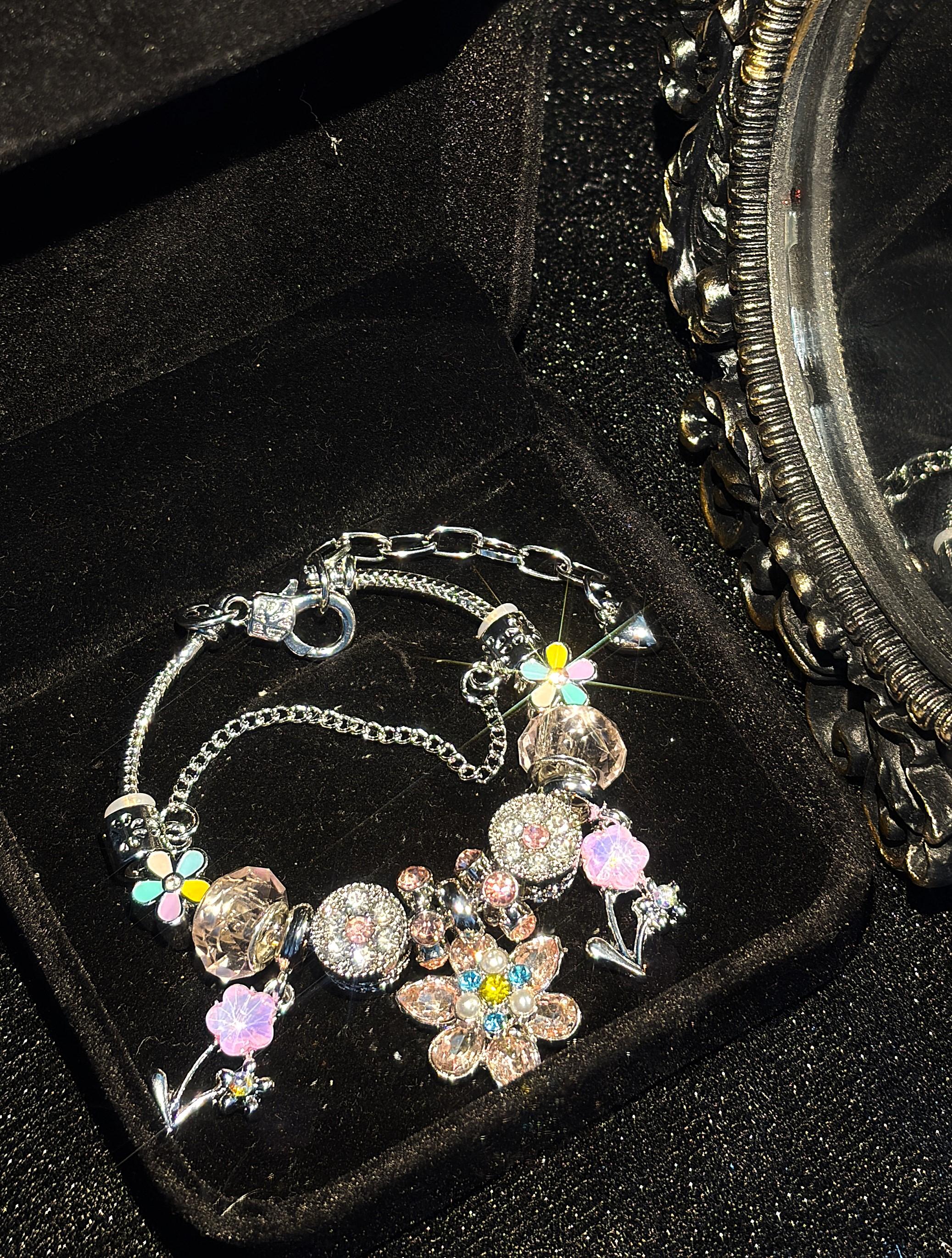 Women's Silver-Tone Snake Chain Charm Bracelet - Colorful Rhinestone Floral Dangle Charms, Crystal Beaded Costume Jewelry Gift for Teen Girls