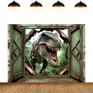 Dinosaur Breakthrough Theme Backdrop – T-Rex Breaking Wall, Rustic Door & Jungle Background, Perfect for Dinosaur Theme Parties & Sci-Fi Decor, Ideal Theme Event Gifts, 2D Print Backdrop