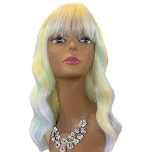 Emma synthetic 24” yellow/blue/pink streaks loose body wave wig with bangs