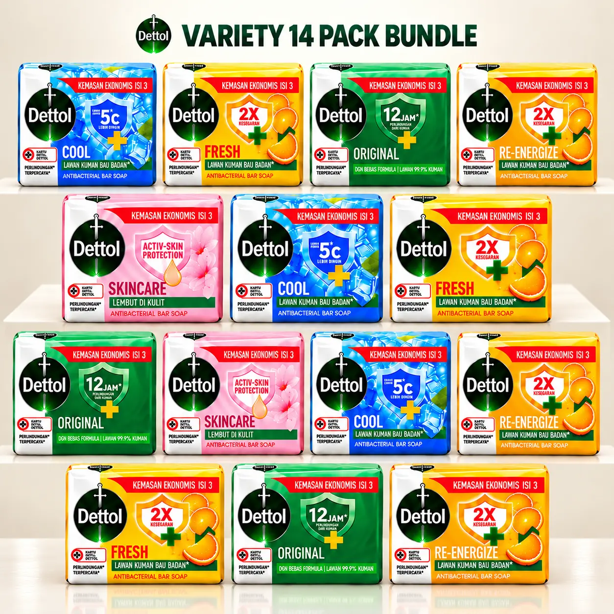 Dettol Soap Variety Bundle, 14 Pack – Original, Cool, Fresh, Re-Energize & Skincare Bar Soap, Assorted Scents for Daily Cleansing