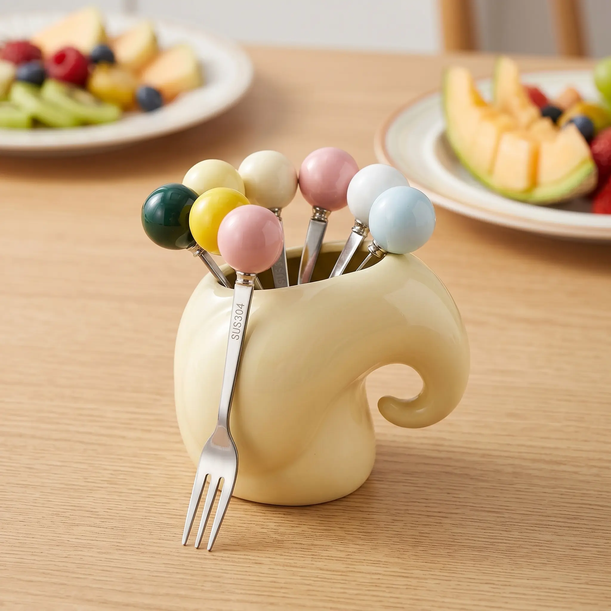 【Decorative Fork Set】Cream-Style 304 Stainless Steel Sturdy Cutlery, Ceramic-Handled Tableware for Fruit, Cake Serving, Household Ornaments