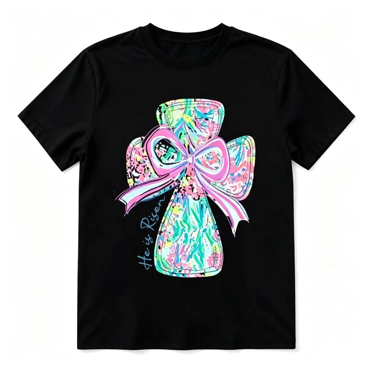 Christian Easter Casual Tee Tops - He Is Risen Pastel Watercolor Cross, Pink Bow, Faith Graphic, Black Short-Sleeve Round Neck, Plus Sizes Crew Neck Shirt (No Box Included)