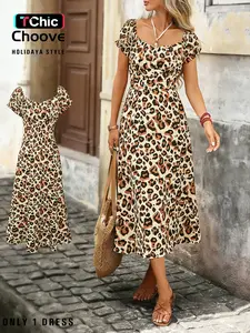 Women's Fashion Leopard Print Dress, Princess Bubble Sleeves, Waist Tie Design, Back Zipper Opening, Chic Elegant Vacation Wear, Casual Wear, Womenswear