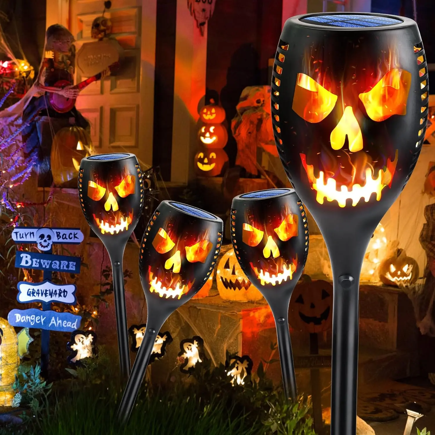 Solar Halloween Lights Outdoor, 4 Packs Super Larger Size Solar Torch Light with Flickering Flame, Waterproof LED Flame Lights for Outside Garden Yard Patio Pathway Orange Halloween Decor