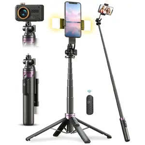 53'' Selfie Stick Tripod with Light,  4- Cell Phone Stand Camera Tripod with Rechargeable  Remote & 2 Fill Light, Portable Selfie Stick Travel Essentials for  Android