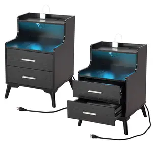 2x Black NightStand with LED Lights and Charging Station Bedside Table with 2 Drawers End Table