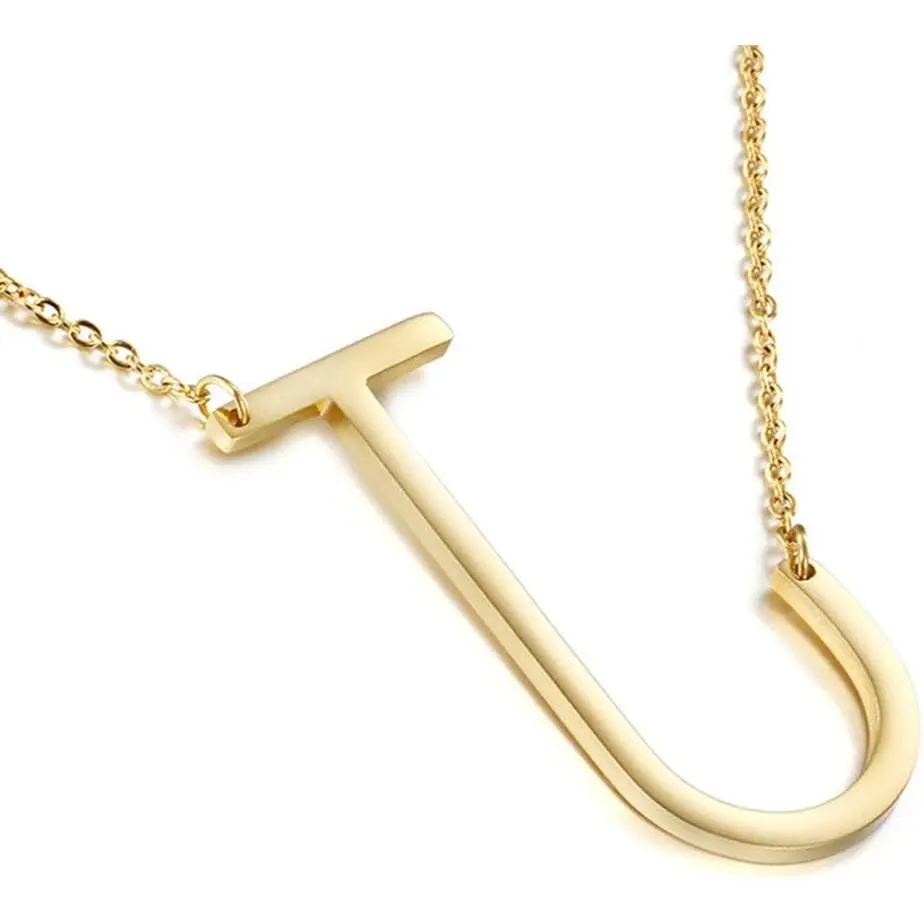 Sideways Initial Necklace 18K Gold Plated Stainless Steel Large Big Letters Pendant Necklace Script Name Monogram Necklaces for Women