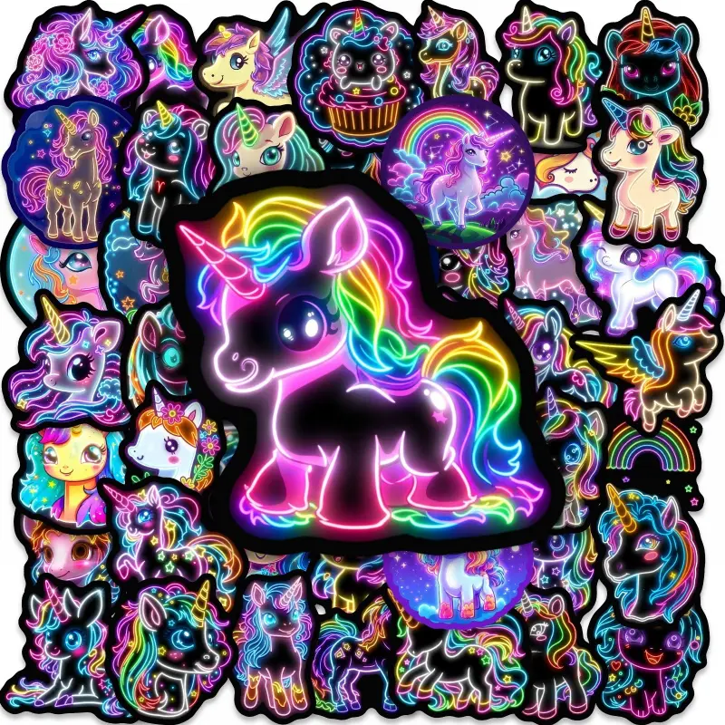 1 pack of 50 neon rainbow horse stickers, cute pony aesthetic stickers suitable for decorating suitcases, laptops, water bottles, etc