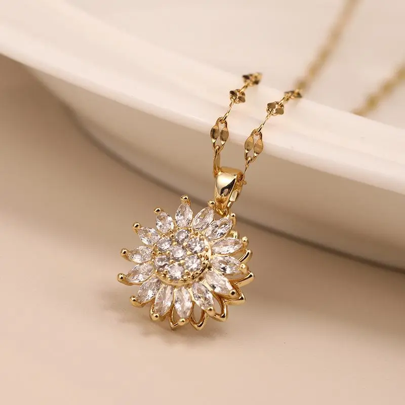 Double-layer Rotatable Sunflower Necklaces For Women Chain Choker Stainless Steel Jewelry Accessories