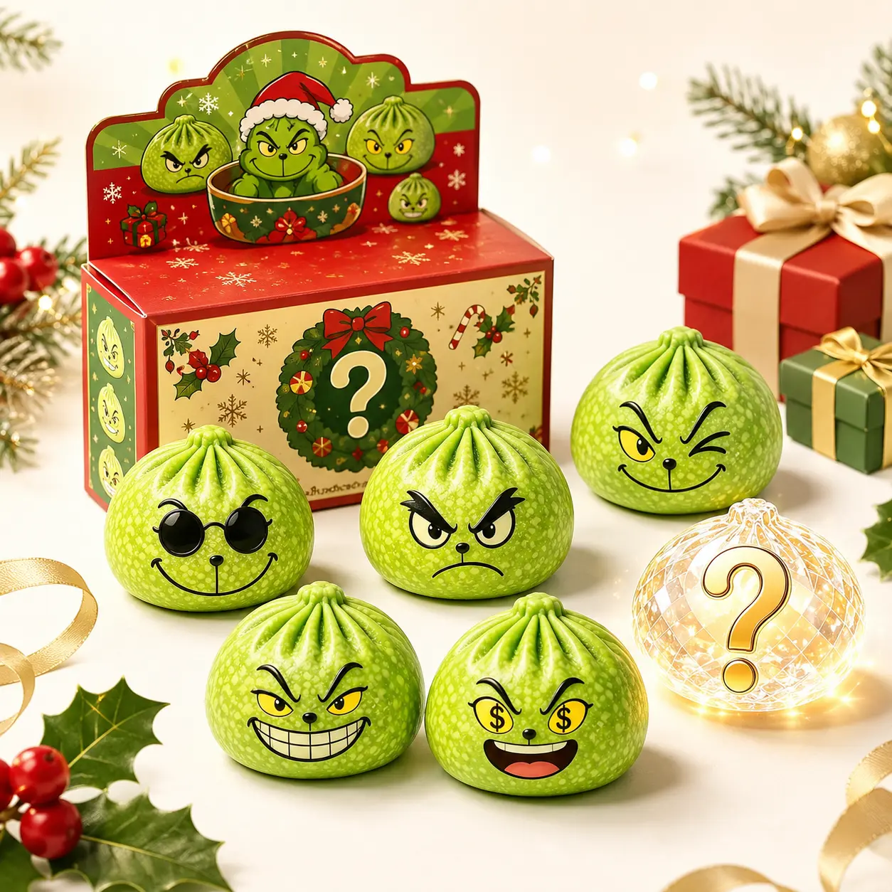 Christmas Mystery Blind Box Surprise Toy, Cute Green Squishy Character Collectible, Random Expression Figure, Holiday Gift for Kids & Adults