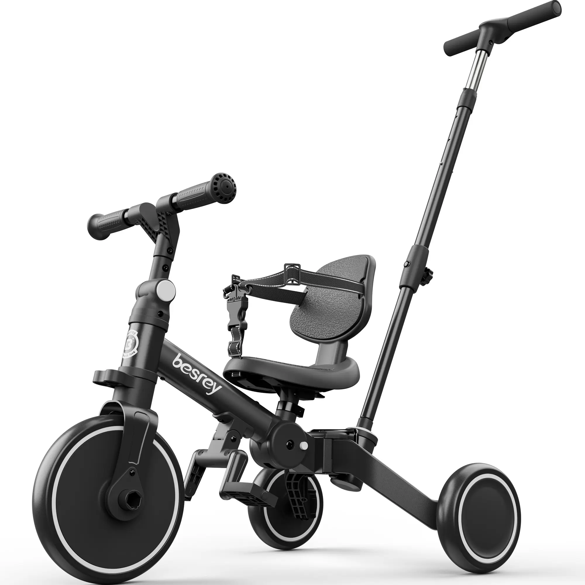 Besrey Unisex 5-in-1 Toddler Trike Bike - 1-3 Years, Carbon Steel Frame, Parent Steering Push Handle, Removable Pedals, Height-Adjustable Seat, Enclosed Wheels, Easy Assembly, Foldable Ride-On Toy
