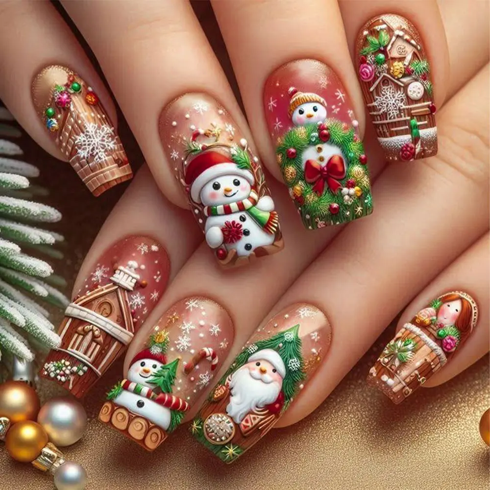 Christmas 24pcs Medium Square Press-On Nails, Tree Santa Snowman Design, Glossy Acrylic False Nails, Nail Art, Includes Jelly Glue & Nail File