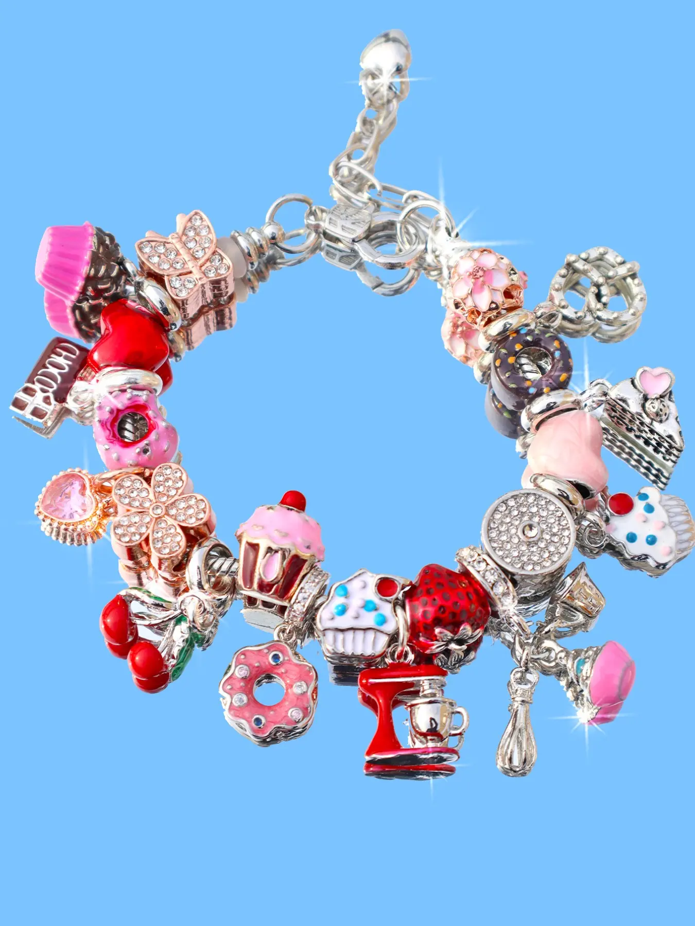 Cherry Cake Charm Bracelet, Cute Heart Design, Adjustable DIY Bracelet, Butterfly & Donut Theme, Floral Strawberry Style, Perfect Gift, Heart Bracelets, Bracelet Jewelry, Fashion Bracelet, Fashionable Bracelet Style