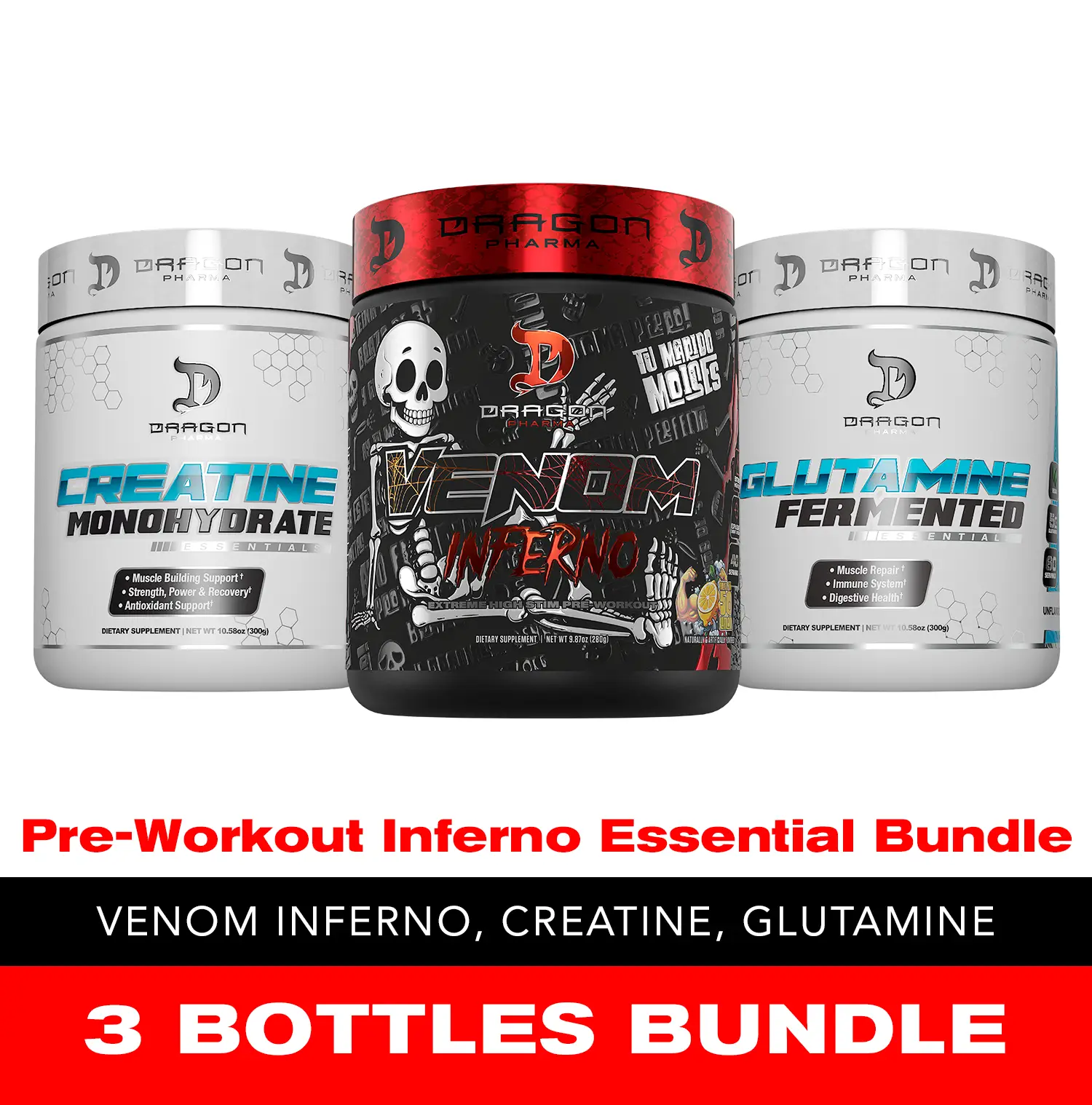 Dragon Pharma Venom Inferno Essential 3 Bottles Bundle: Venom Inferno, Creatine 300g, Glutamine 300g