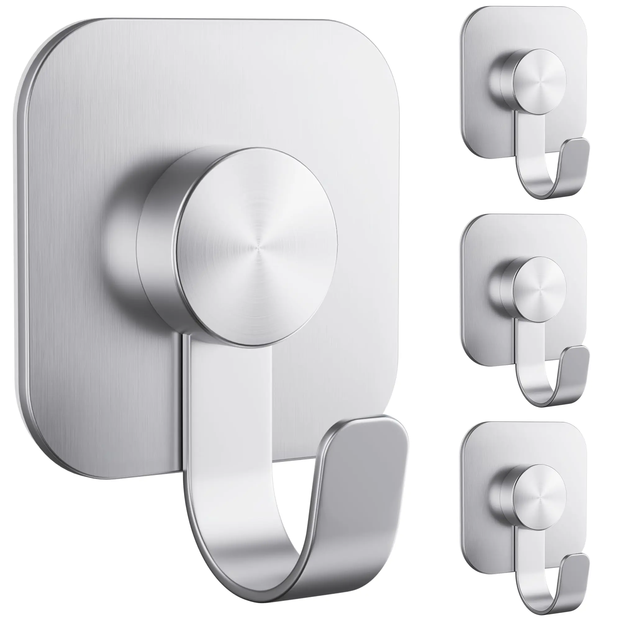 4 Pack Large Heavy Duty Wall Hooks - 26lb Max, Stainless Steel Adhesive Towel Hooks for Hanging Towel, Coat, Robe, Sticky Towel Holder for Wall Mount in Bathroom, Kitchen, Shower, Door - Silver