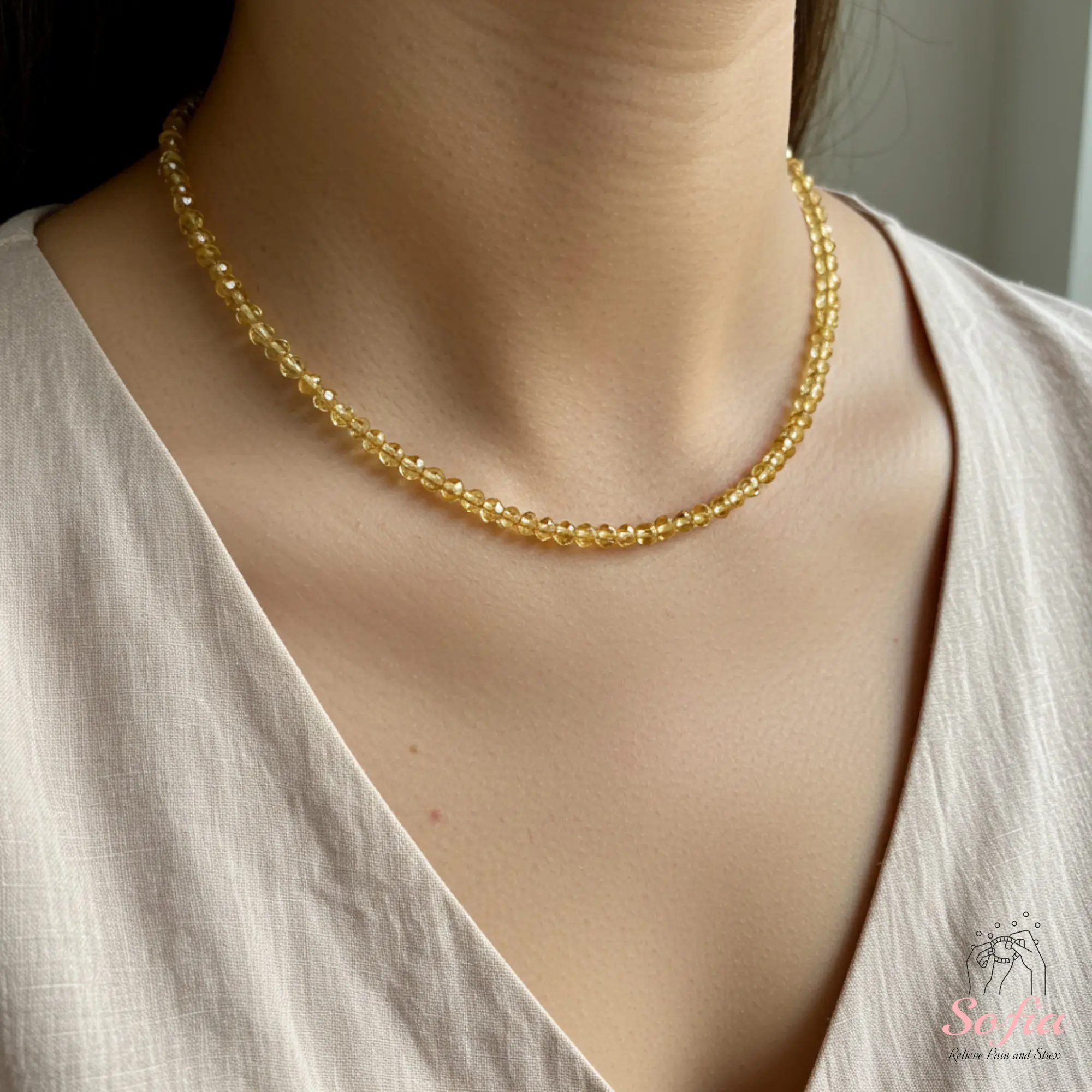 Delicate Citrine Beads Choker Necklace, Tiny Dainty Faceted Yellow Gemstone Beaded Necklace, Waterproof Crystal Beaded Choker, gift for her Subtle Personality