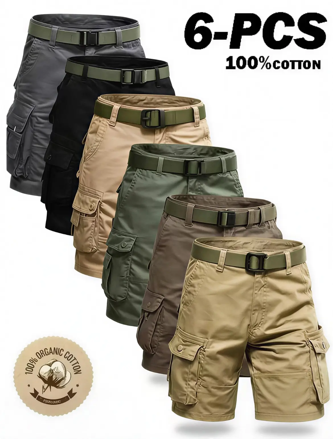 6-pack men’s cargo pants, tactical men’s shorts, men’s shorts with multifunctional pockets, suitable for golf and outdoor activities, men’s hiking shorts, wear-resistant, wrinkle-resistant, breathable shorts