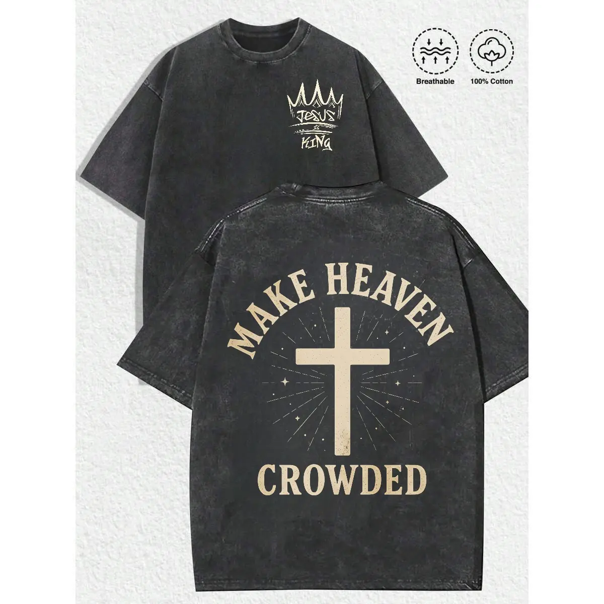 Men's Faith-Based Graphic Short-Sleeve Round Neck Tshirt - 100% Washed Soft Cotton, Double-Sided "Make Heaven Crowded" Jesus Cross Print, Regular Fit Christian Casual Streetwear Top
