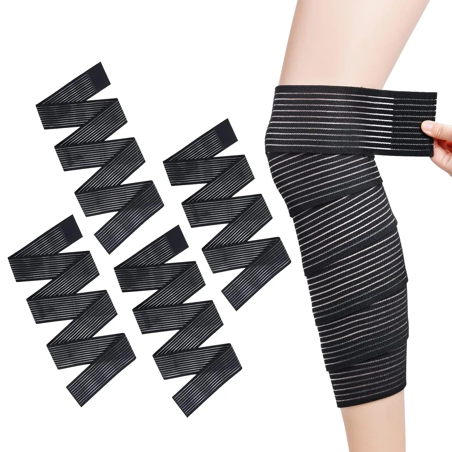 4 Pieces of Black Elastic Calf Compression Bandage Adjustable Leg Compression Sleeve Knee Wraps Brace Support Bands for Stabilising Ligament, Joint Pain, Sport (180 cm)