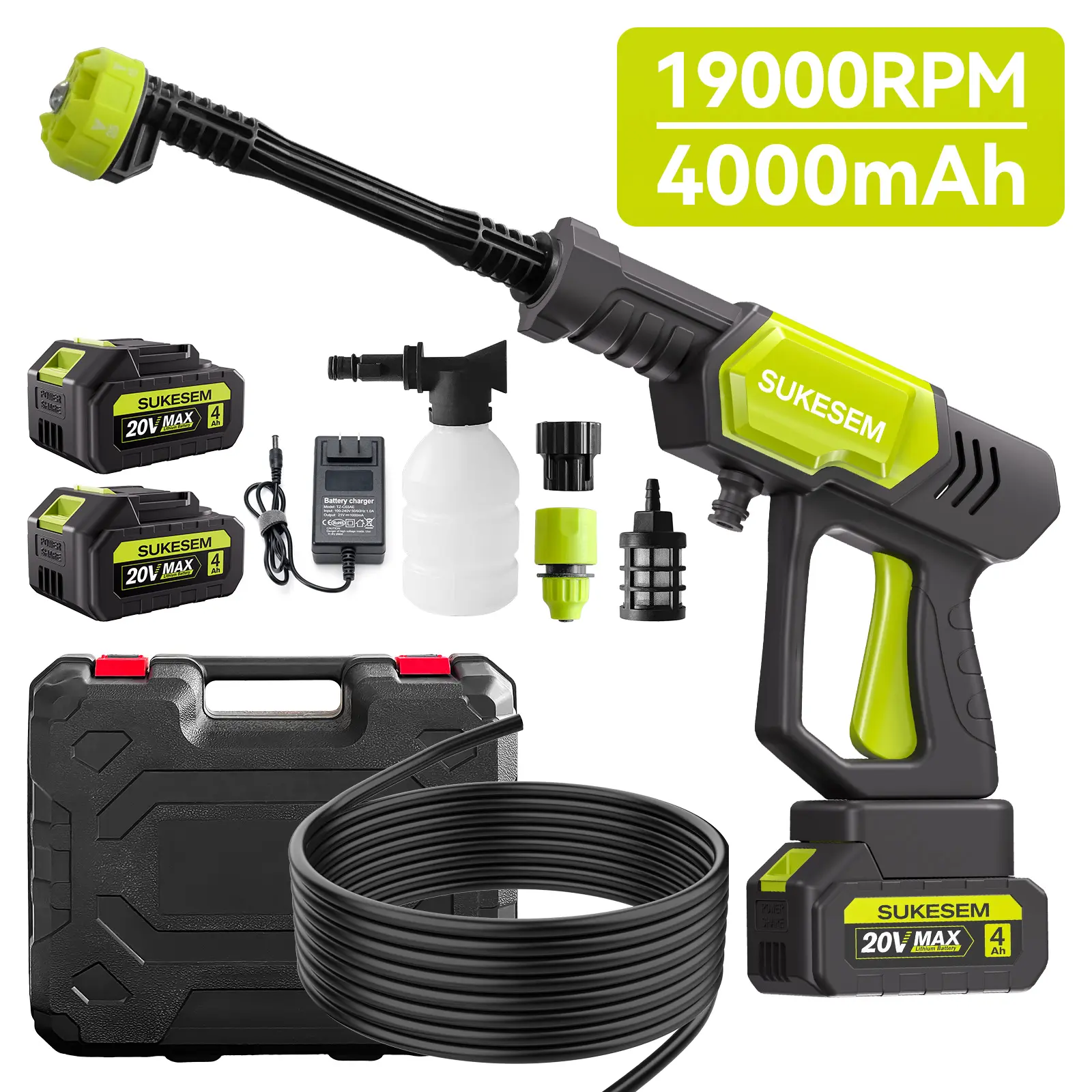 SUKESEM Cordless Pressure Washer, Portable Bottle Type Washer, Comes with 4.0Ah Rechargeable Battery and Charger, 6-Speed Adjustable Nozzle for Car, Household Cleaning and Garden Irrigation