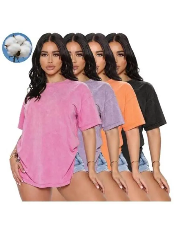Women's Fashion Apparel 4-Pack Basic Baggy Oversize T-Shirts, Short Sleeve Round Neck Solid Color Distressed Wash Casual Tops