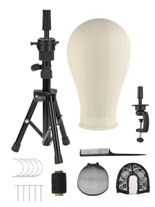 Wig Head Stand Tripod with Canvas Mannequin Head, Ideal for Wig Making & Display, Includes Caps, T-Pins, Comb & Brush, Wig Install Kit, Adjustable Wig Head
