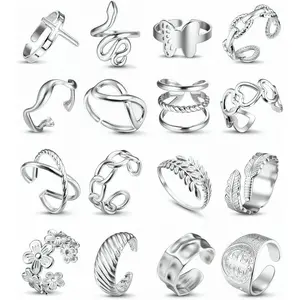 MILACOLATO 16Pcs Stackable Stainless Steel Rings for Women Chunky Silver Rings Non Tarnish Ring Open Adjustable Thumb Finger Statement Ring Set, Daily, Geometric Shapes summerwins