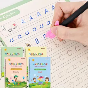 4 reusable Grooved handWriting Practice Books, magic writing practice books with 4 books numbers, maths, alphabets and drawing, with 1 pen and 6 refills