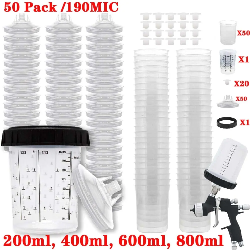 SJPACK 50-Pack PPS Disposable Paint Spray Gun Liner & Lid Kit, Multi-Size 190 Mic 200ml/400ml/600ml/800ml Cup Set, Outer Container, 20 Cup Sealing Plugs, Strainers, 360° Spray Component, Mess-Free Lids