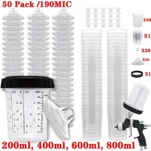 SJPACK 50 Pack  PPS Cups Disposable Paint Spray Gun Cup Liners and Lid System 190 Mic 200ml 400ml 600ml 800ml