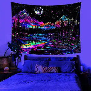 Bohemian Nature Scenery Tapestry with Colorful Starry Night, Mountain Peaks, Forest Lake, and Full Moon - UV Reactive Wall Hanging for Bedroom Home Decor, 100% Polyester, 160-180g, Anime Theme
