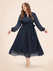 【Summer Turn-Up】【 Work to Weekend】 Bloomchic Solid Geometric Pocket Mesh Lantern Sleeve Belted Dress Fit Women Fabric Garment Polyester Womenswear 2026 Summer Pick for Mother's Day