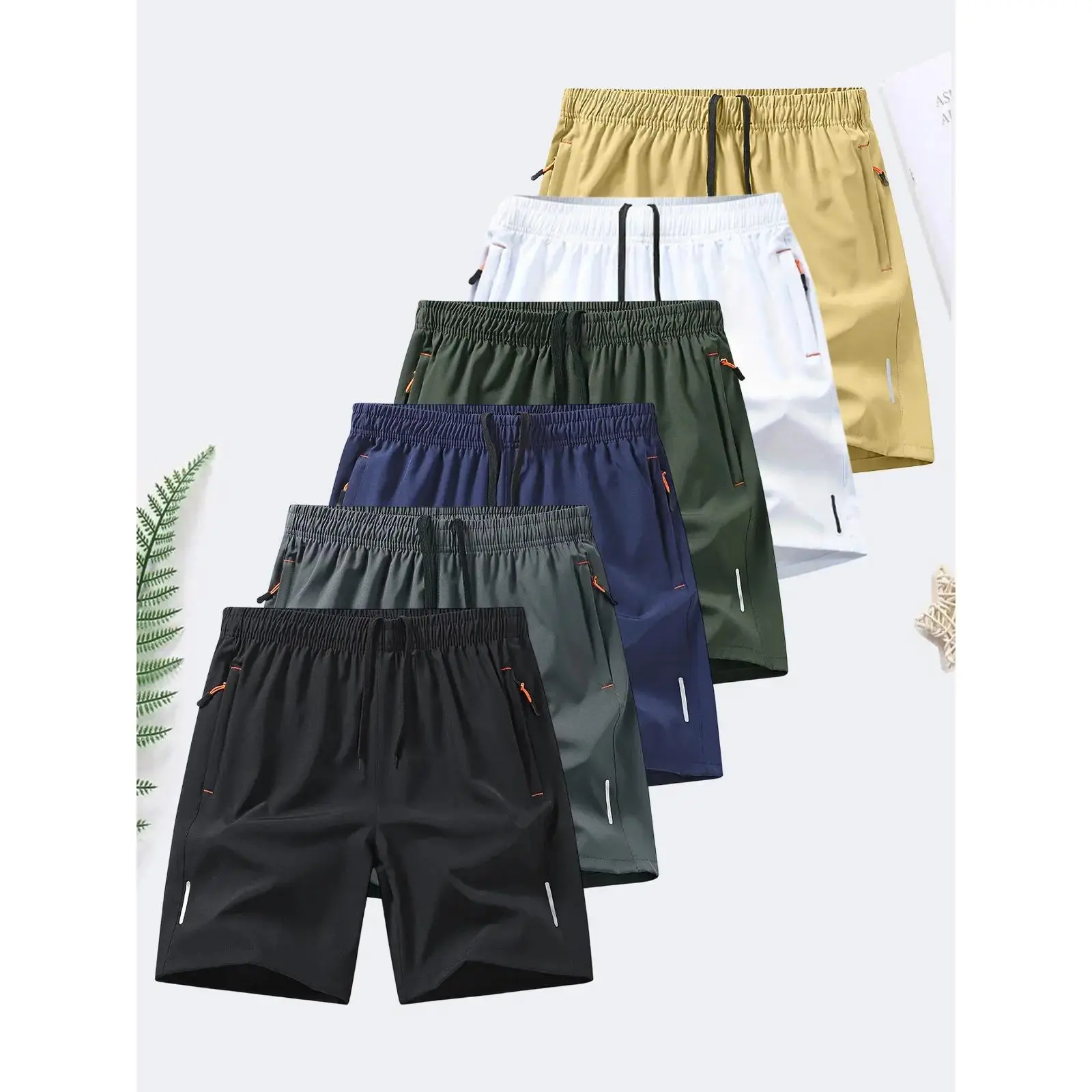 6-piece set, men's zipper pocket shorts, summer ice silk beach shorts, ice-sense quick-dry sports casual pants, basketball shorts thin, plus-size men's clothing reflective strip design,  Menswear,Plain Trouser,suitable for running and fitness.Beige