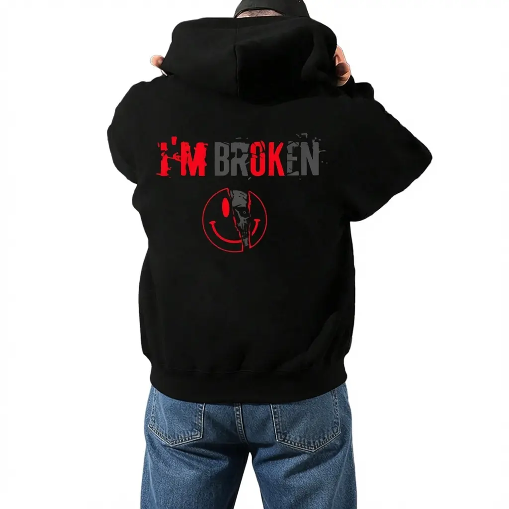 Women's Cotton "I'M BROKEN" Smiling Face Graphic Hoodie - Long-Sleeve Fitted High-Visibility Unisex Casual Pullover, Street Style Graphic Sweatshirts Women's Tops, Fitted Women's Hoodies Black