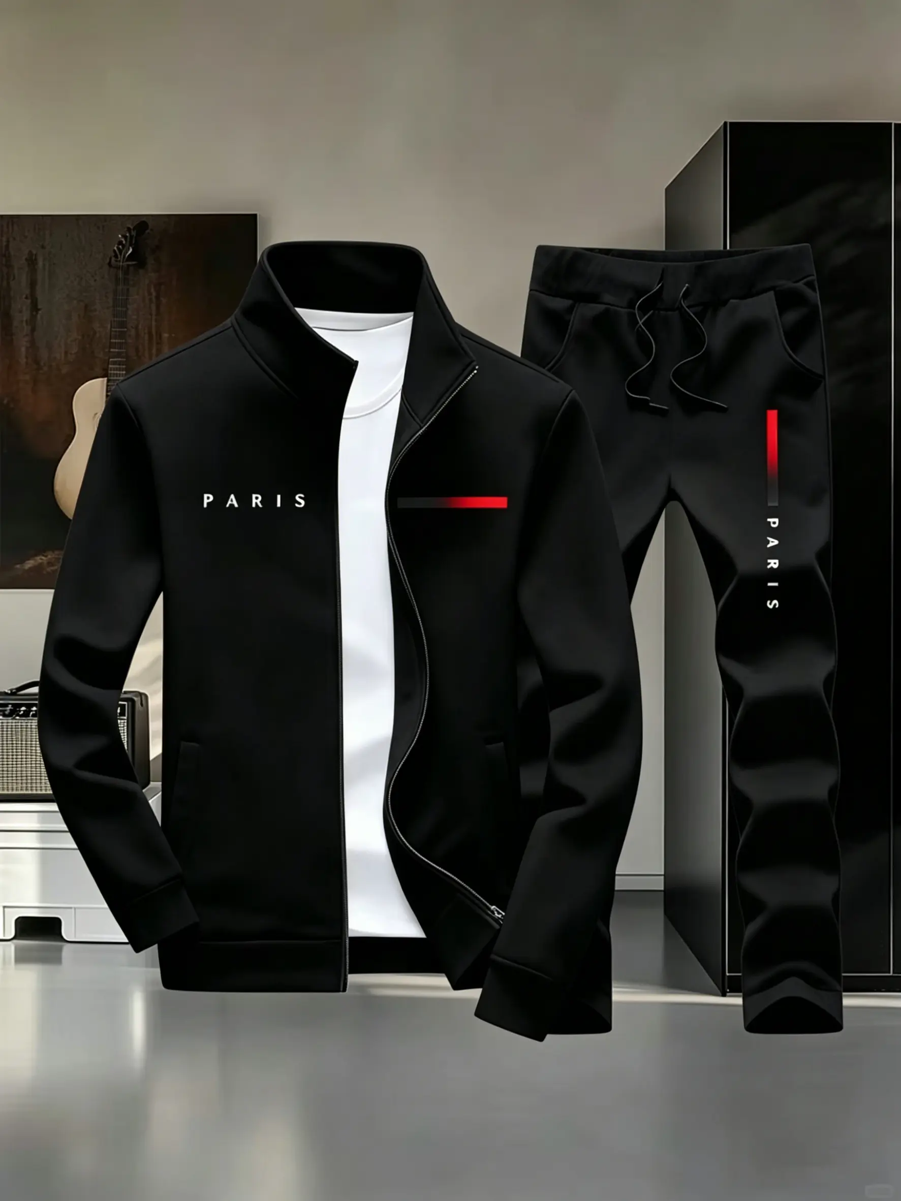 Men's 2-Piece Tracksuit, Casual Fit Streetwear Set with PARIS Letter Print Zip-Up Jacket and Jogger Pants, Tracksuits, 2 Piece Mens, Casual Athletic Sportswear, Jackets Zip Up, Long Sleeve, Sporty Chic