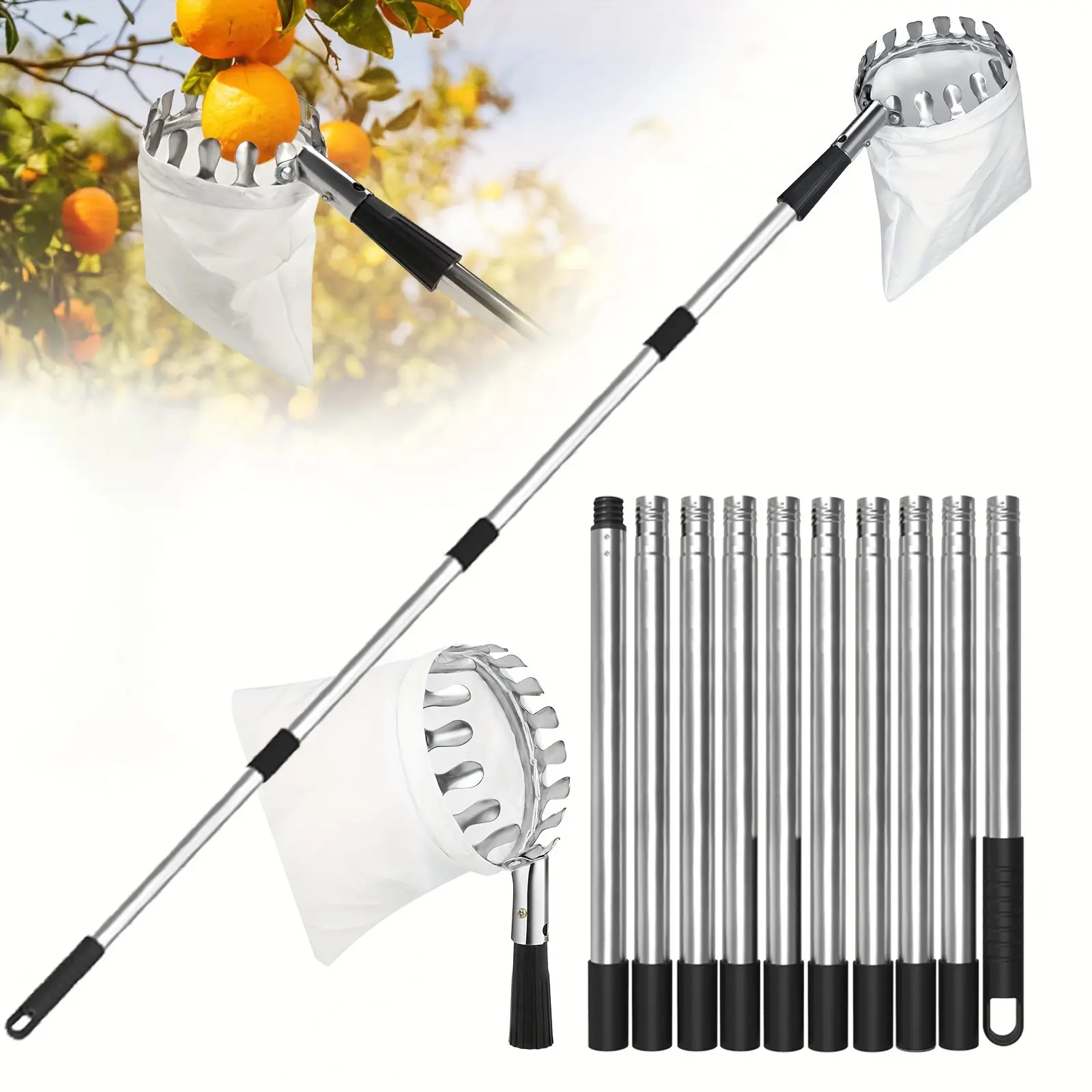 Fruit Picker Pole with Basket Telescoping, 11FT Adjustable Length Fruits Picker Harvesting Tool with Lightweight Durable Stainless Steel Pole and Big Non Woven Basket Fruits Catcher Tree Picker for Apples Mango Lemon Orange Garden Supplies