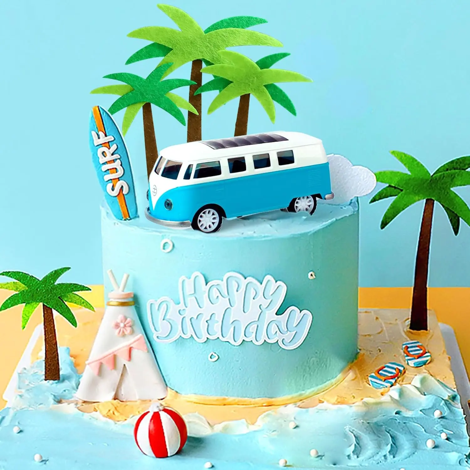 Surf Birthday Cake Decoration Surfing Birthday Decoration Beach Surf Wave Cake Topper Surfboard Swimming Slippers Lifebuoy Cake Surf Birthday Party Supplies Coconut Photo