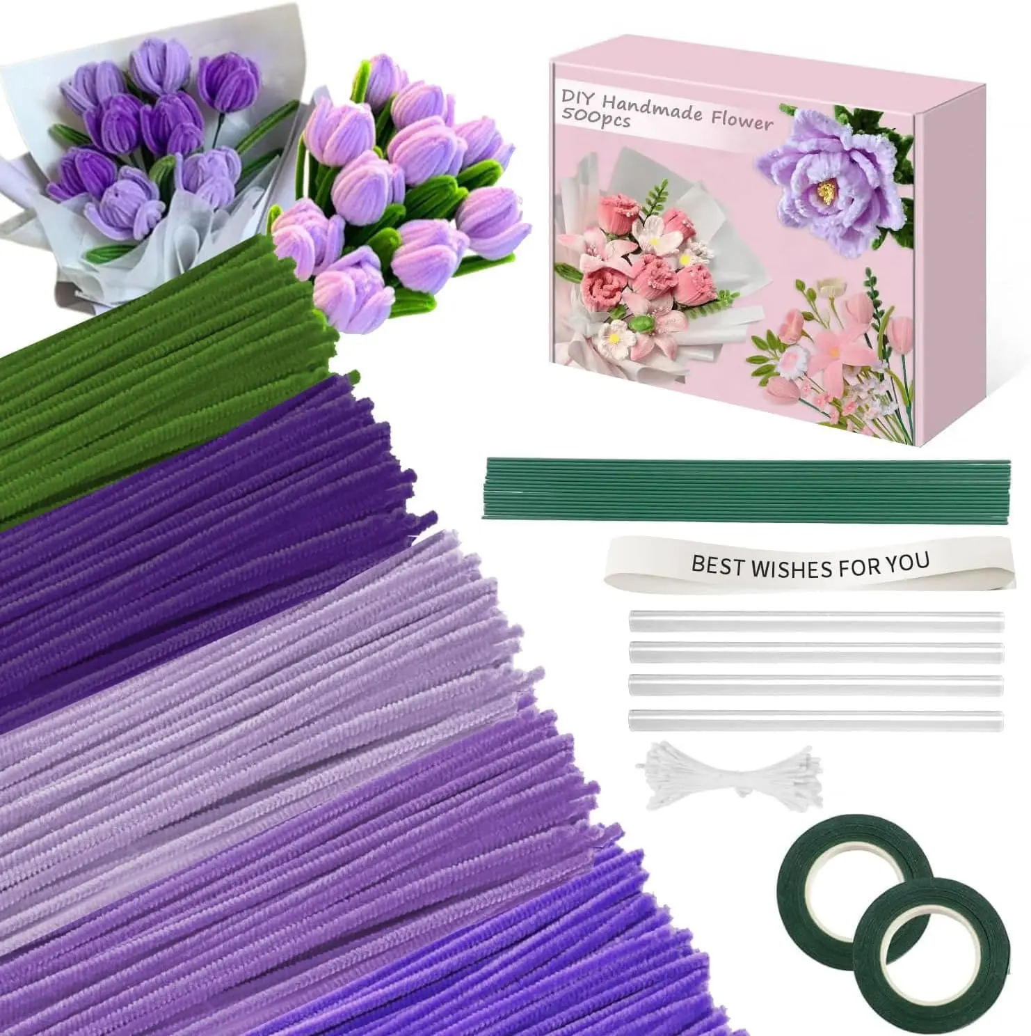500-Piece 5-Color Chenille Stem Pipe Cleaners Craft Kit with Ribbons, Stems, Tape, Stamens, Glue Sticks - Purple Artificial Flower Supplies for DIY Handmade Bouquets, Party Decorations