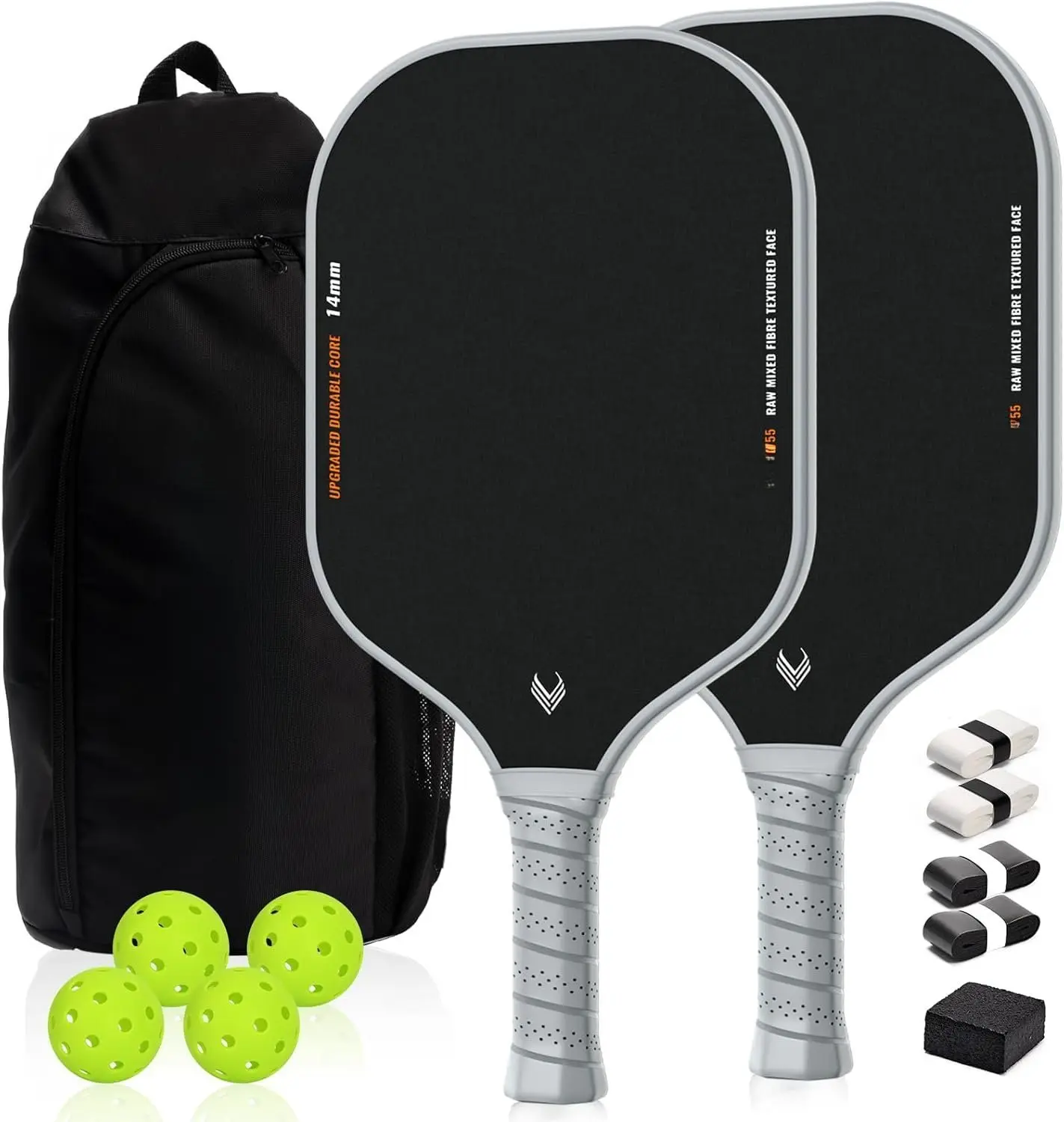 USAPA Compliant Pickleball Paddles Set of 2 - Lightweight Carbon Fiber & Fiberglass Surface, 14mm Polypropylene Honeycomb Core, Aerodynamic Curved Frame, Exceptional Spin Control, 4 Balls, 4 Tapes, 1 Bag, 1 Paddle Cleaner, Increased Ball Contact Area, Mor