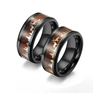 Unisex Stainless Steel Ring - Cute Animal Motif, Wood Grain Inlay, Multi-Size Daily Fashion Accessory, Christmas Gift for Mothers