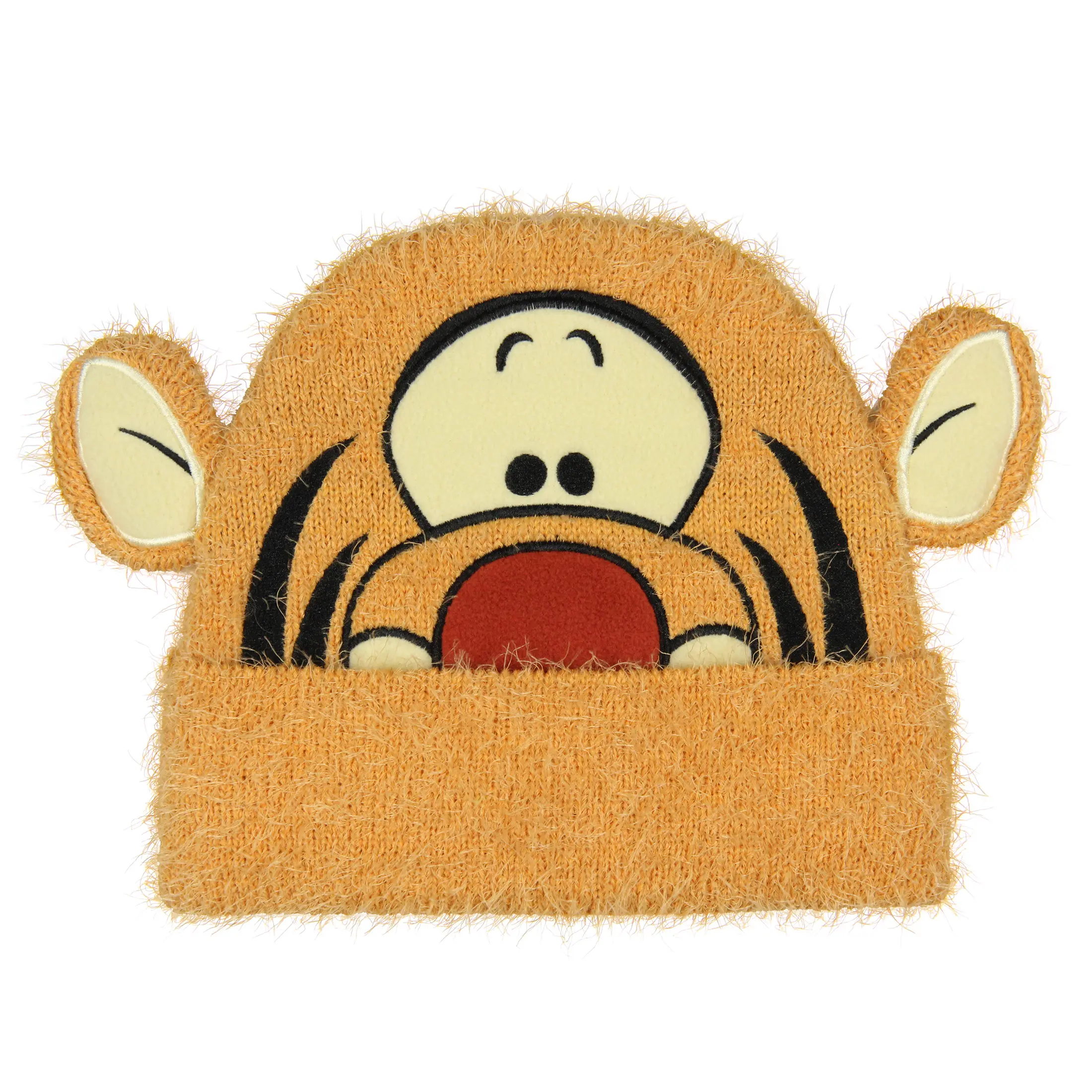 Disney Winnie the Pooh Tigger Felt Hat - Cozy Beanie, Embroidered Headwear, Soft Fuzzy Yarn, 3D Ears, Character Face, Knit Cuff Skull Cap, Textured Look, OSFM, Character Face Knit Cuff Beanie, Cartoon Face Print Hats