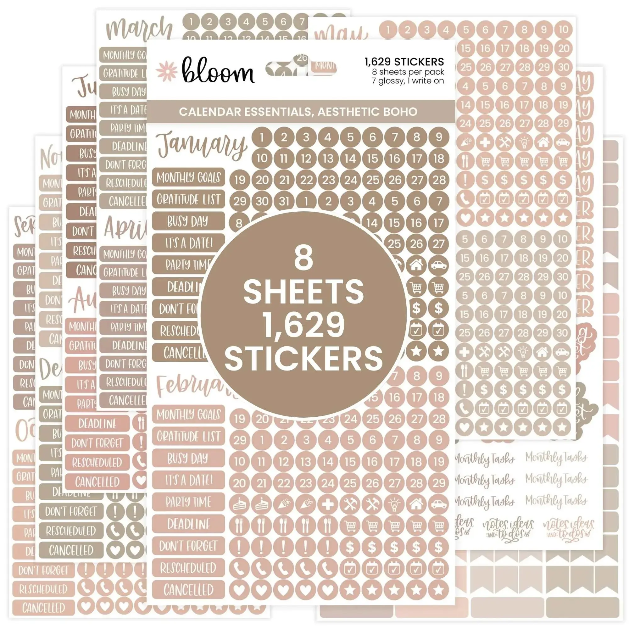 Bloom Planner Stickers Calendar Essentials Pack Aesthetic Boho 1629 Stickers for Scrapbooking Monthly Tasks Customizing