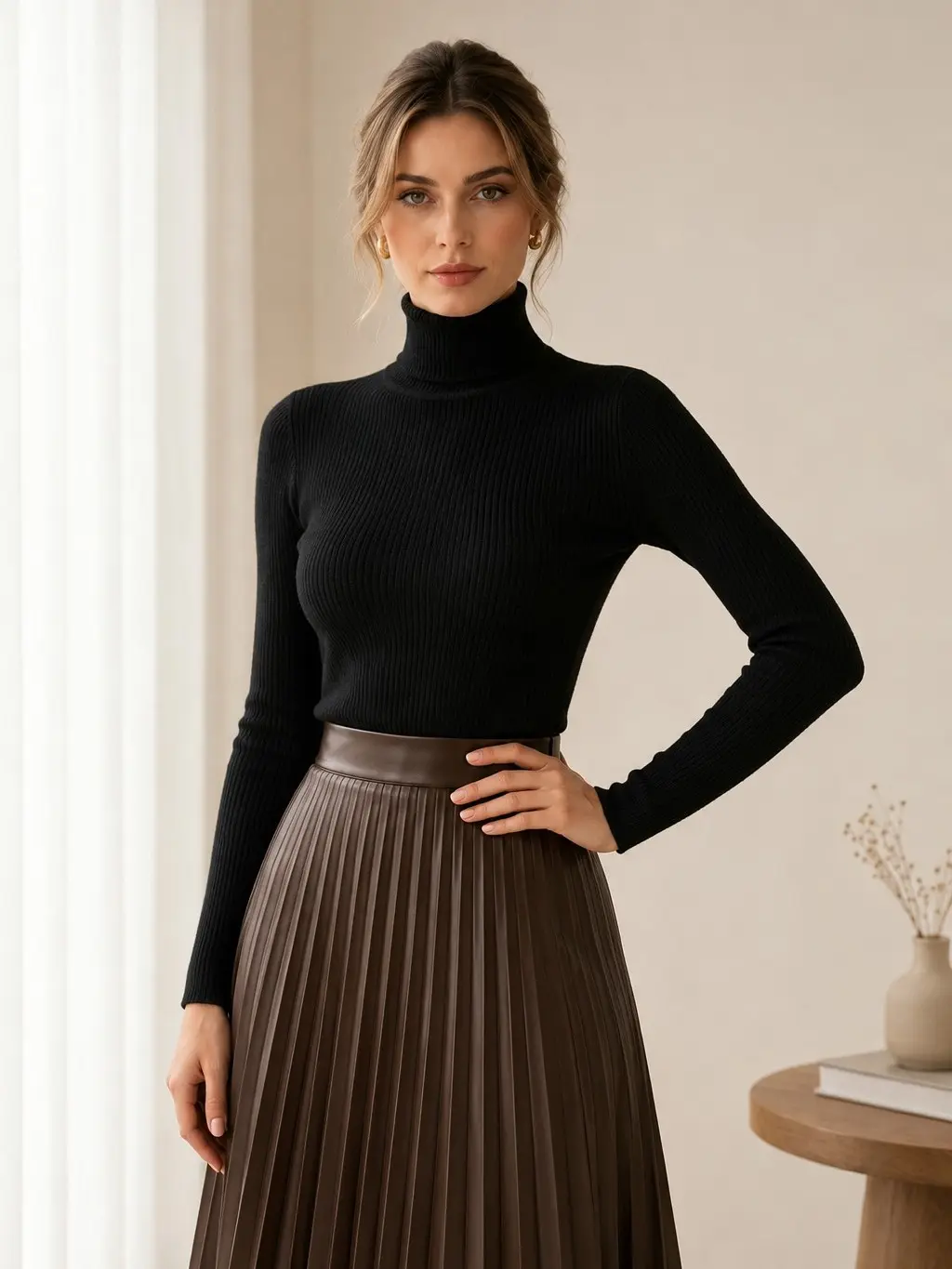 Women's Ribbed Knitwear Pullover - High Neck, Long Sleeve, Button Front, Slim Fit, Medium Length Top with Polyester-Elastane Fabric, Casual Style, Basic, Machine Washable, Clothes Womenswear Turtleneck knit fluencer waffle shirt