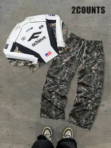 Urban American Style Tree Branch Round Neck Sweatshirt and Drawstring Pants Set, Colorblock, Vintage Campus Streetwear