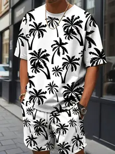 Men's 3D Tropical palm tree print casual and stylish two-piece matching set, featuring a summer sporty Fitted crew neck short-sleeved top and drawstring shorts, suitable for outdoor and street wear.