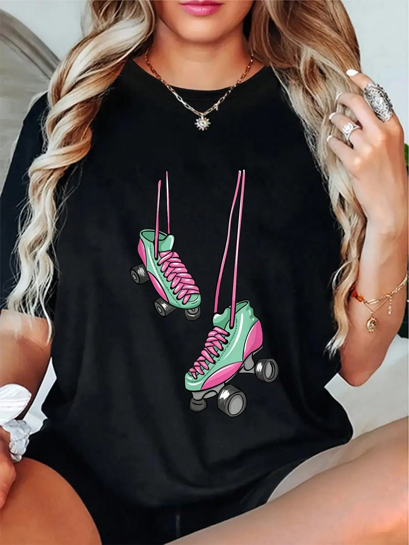 100% Cotton Hanging Roller Skates Roller Skating Lover T-Shirt Round Neck Short Sleeve T-Shirt Women's Men Graphic Tee