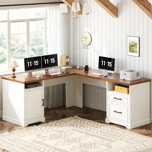 【2026 New Year Refresh】Homieasy Vintage Upgraded L Shaped Executive Desk with File Drawers, 60 inch Corner Computer Desk with Power Outlets, Large 2 Person Home Office Table with Storage Cabinet, Sturdy Writing Desk gaming desk