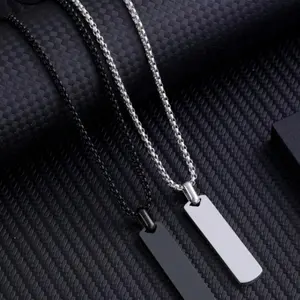 Men's Stainless Steel Geometric Necklace - Three-Dimensional Rectangular Design